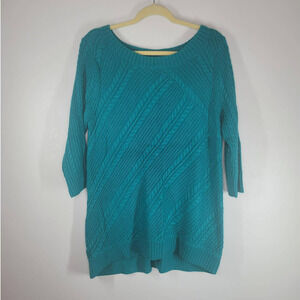 New York & Company Women's Cable Knit 3/4 Sleeve Pullover Sweater Teal Size XL